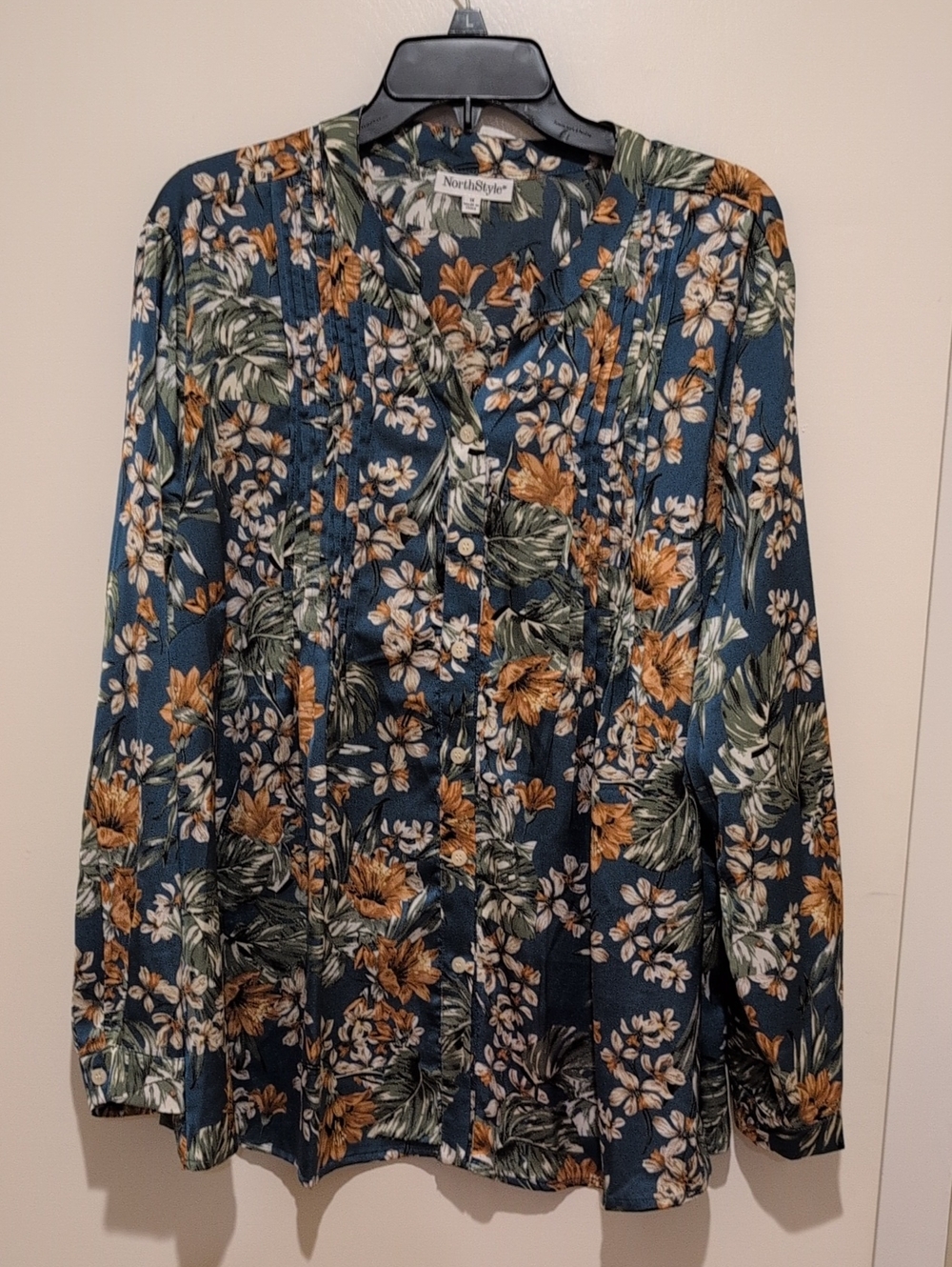 NorthStyle Teal Floral Pintuck Button-Up Blouse